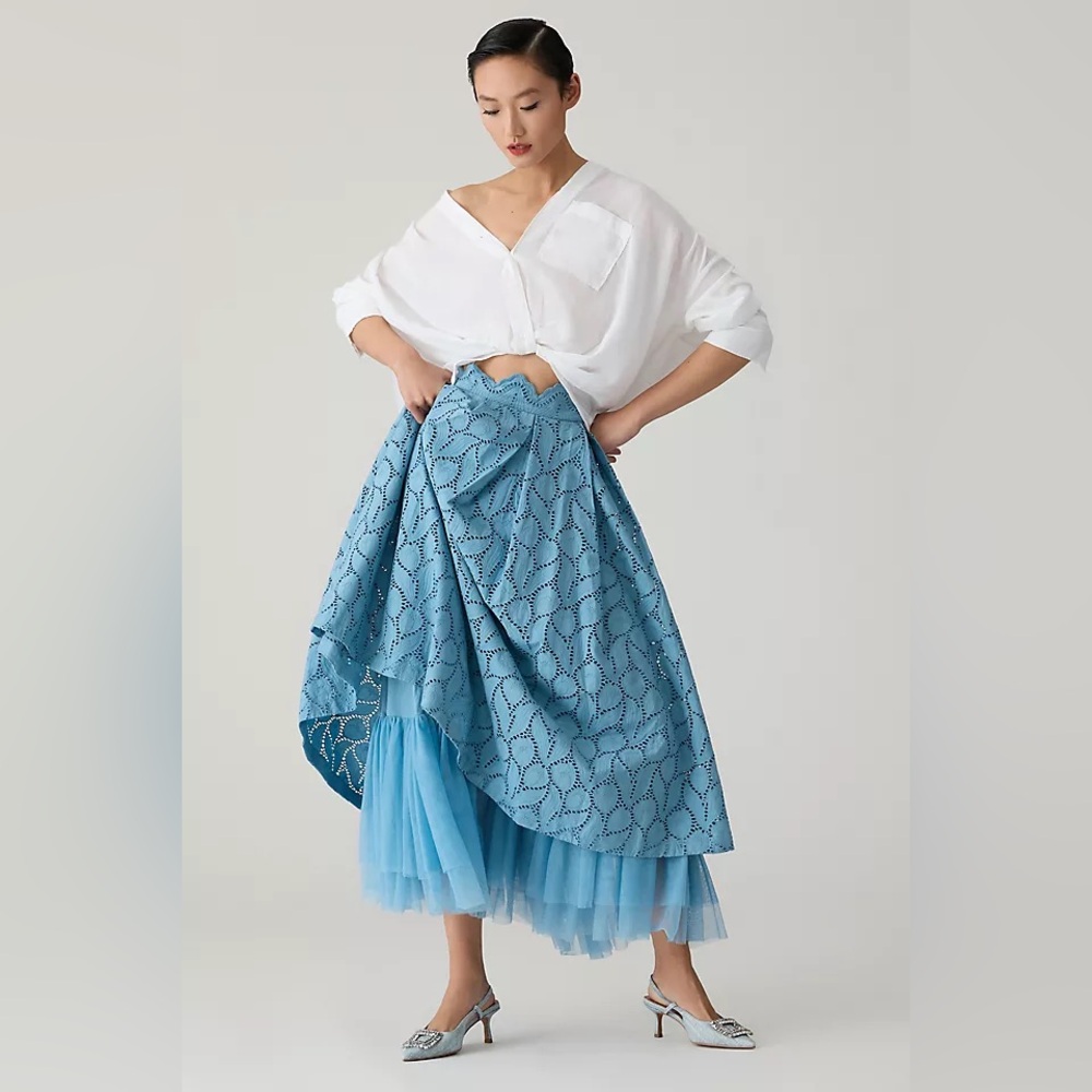 NWT Anthropologie Maeve Layered Scalloped Maxi Skirt in Sky Blue - Size 8